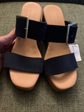 Navy Double-strap Buckle Slide Sandals
